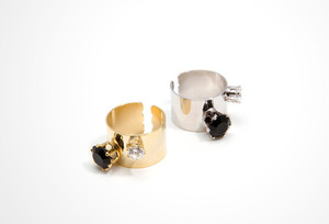 BOLD PEARL+BLACK STONE RING - gold/silver